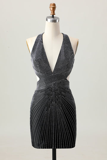 Black Bodycon V-Neck Beaded Cocktail Dress